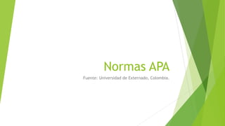 Normas APA
Fuente: Universidad de Externado, Colombia.
 