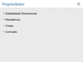 • Estabilidade Dimensional.
• Resistência.
• Creep.
• Corrosão.
32
 