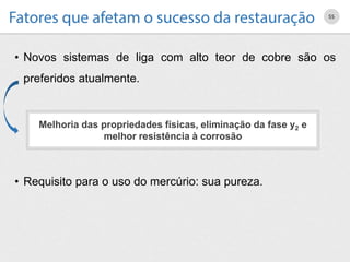 • Novos sistemas de liga com alto teor de cobre são os
preferidos atualmente.
• Requisito para o uso do mercúrio: sua pureza.
55
Melhoria das propriedades físicas, eliminação da fase y2 e
melhor resistência à corrosão
 