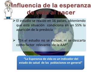  El estudio se realizo en 16 países, obteniendo
que está situación condiciona en un 55% la
aparición de la presbicia
 “En el estudio no se incluye, ni se descarta
como factor relevante de la AAP”.
“La Esperanza de vida es un indicador del
estado de salud de las poblaciones en general”
 