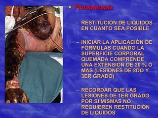  Fluidoterapia
– RESTITUCIÓN DE LÍQUIDOS
EN CUANTO SEA POSIBLE
– INICIAR LA APLICACIÓN DE
FORMULAS CUANDO LA
SUPERFICIE C...