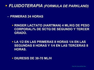  FLUIDOTERAPIA (FORMULA DE PARKLAND)
– PRIMERAS 24 HORAS
 RINGER LACTATO (HARTMAN) 4 ML/KG DE PESO
CORPORAL/% DE SCTQ DE...
