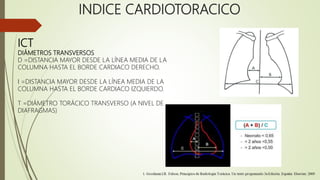 INDICE CARDIOTORACICO
ICT
DIÁMETROS TRANSVERSOS
D =DISTANCIA MAYOR DESDE LA LÍNEA MEDIA DE LA
COLUMNA HASTA EL BORDE CARDIACO DERECHO.
I =DISTANCIA MAYOR DESDE LA LÍNEA MEDIA DE LA
COLUMNA HASTA EL BORDE CARDIACO IZQUIERDO.
T =DIÁMETRO TORÁCICO TRANSVERSO (A NIVEL DE
DIAFRAGMAS)
 