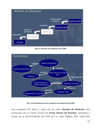 Fig.14 Niveles de madurez de CMM.




             Fig. 15 Estructura de los niveles de madurez de CMM


Con excepción del Nivel 1, cada uno de estos Niveles de Madurez está
compuesto por un cierto número de Areas Claves de Proceso, conocidas a
través de la documentación del CMM por su sigla inglesa: KPA. Cada KPA

                                                                   76
 