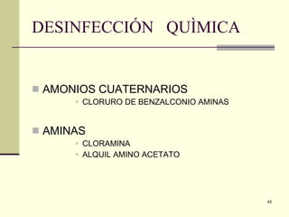 DESINFECCIÓN  QUÌMICA  AMONIOS CUATERNARIOS  CLORURO DE BENZALCONIO AMINAS  AMINAS CLORAMINA ALQUIL AMINO ACETATO 