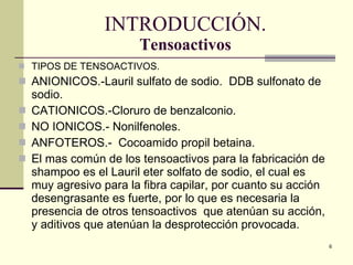 I NTRODUCCIÓN. Tensoactivos TIPOS DE TENSOACTIVOS. ANIONICOS.-Lauril sulfato de sodio.  DDB sulfonato de sodio. CATIONICOS.-Cloruro de benzalconio. NO IONICOS.- Nonilfenoles. ANFOTEROS.-  Cocoamido propil betaina. El mas común de los tensoactivos para la fabricación de shampoo es el Lauril eter solfato de sodio, el cual es muy agresivo para la fibra capilar, por cuanto su acción desengrasante es fuerte, por lo que es necesaria la presencia de otros tensoactivos  que atenúan su acción, y aditivos que atenúan la desprotección provocada. 