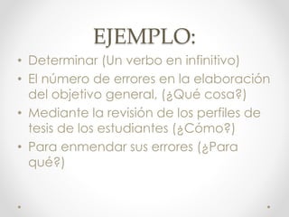 EJEMPLO:
• Determinar (Un verbo en infinitivo)
• El número de errores en la elaboración
del objetivo general, (¿Qué cosa?)
• Mediante la revisión de los perfiles de
tesis de los estudiantes (¿Cómo?)
• Para enmendar sus errores (¿Para
qué?)
 