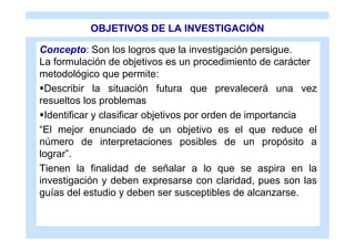 OBJETIVOS DE LA INVESTIGACIÓN

Concepto: Son los logros que la investigación persigue.
La formulación de objetivos es un procedimiento de carácter
metodológico que permite:
Describir la situación futura que prevalecerá una vez
resueltos los problemas
Identificar y clasificar objetivos por orden de importancia
“El mejor enunciado de un objetivo es el que reduce el
número de interpretaciones posibles de un propósito a
lograr”.
Tienen la finalidad de señalar a lo que se aspira en la
investigación y deben expresarse con claridad, pues son las
guías del estudio y deben ser susceptibles de alcanzarse.
 
