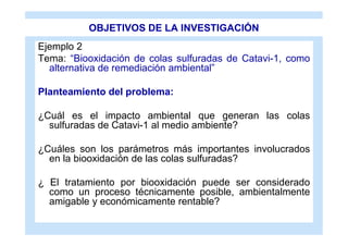 OBJETIVOS DE LA INVESTIGACIÓN
Ejemplo 2
Tema: “Biooxidación de colas sulfuradas de Catavi-1, como
  alternativa de remediación ambiental”

Planteamiento del problema:

¿Cuál es el impacto ambiental que generan las colas
  sulfuradas de Catavi-1 al medio ambiente?

¿Cuáles son los parámetros más importantes involucrados
  en la biooxidación de las colas sulfuradas?

¿ El tratamiento por biooxidación puede ser considerado
  como un proceso técnicamente posible, ambientalmente
  amigable y económicamente rentable?
 