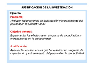 JUSTIFICACIÓN DE LA INVESTIGACIÓN

Ejemplo
Problema:
¿Influyen los programas de capacitación y entrenamiento del
personal en la productividad?

Objetivo general:
Experimentar los efectos de un programa de capacitación y
entrenamiento en la productividad.

Justificación:
Apreciar las consecuencias que tiene aplicar un programa de
capacitación y entrenamiento del personal en la productividad
 