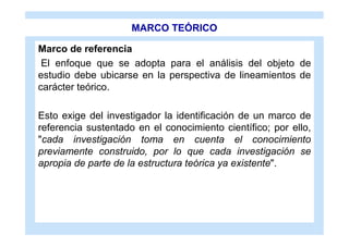 MARCO TEÓRICO

Marco de referencia
 El enfoque que se adopta para el análisis del objeto de
estudio debe ubicarse en la perspectiva de lineamientos de
carácter teórico.

Esto exige del investigador la identificación de un marco de
referencia sustentado en el conocimiento científico; por ello,
"cada investigación toma en cuenta el conocimiento
previamente construido, por lo que cada investigación se
apropia de parte de la estructura teórica ya existente".
 