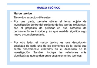 MARCO TEÓRICO

  Marco teórico
  Tiene dos aspectos diferentes.
- Por una parte, permite ubicar el tema objeto de
  investigación dentro del conjunto de las teorías existentes,
  con el propósito de precisar en que corriente de
  pensamiento se inscribe y en que medida significa algo
  nuevo o complementario.

- Por otro lado, el marco teórico es una descripción
  detallada de cada uno de los elementos de la teoría que
  serán directamente utilizados en el desarrollo de la
  investigación. También incluye las relaciones más
  significativas que se dan entre esos elementos teóricos.
 
