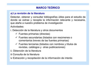 MARCO TEÓRICO

a) La revisión de la literatura
Detectar, obtener y consultar bibliografías útiles para el estudio de
donde se extrae y recopila la información relevante y necesaria,
que atañe a nuestro problema de investigación
Actividades:
i. Detección de la literatura y otros documentos
       Fuentes primarias (directas)
       Fuentes secundarias (listados con resúmenes o
        comentarios breves de las fuentes primarias)
       Fuentes terciarias (listados con nombres y títulos de
        revistas, catálogos y otras publicaciones)
ii. Obtención de la literatura
iii Consulta de la literatura
iv Extracción y recopilación de la información de interés
 