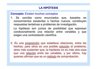 LA HIPÓTESIS

Concepto: Existen muchos conceptos
1. Se concibe como enunciados que, basados en
  conocimientos existentes o hechos nuevos, constituyen
  respuestas tentativas a problemas de investigación.
  La hipótesis son juicios de posibilidad que expresan
  condicionalmente una relación entre variables y que
  exigen una contrastación científica.

2. Es una proposición que establece relaciones, entre los
   hechos; para otros es una posible solución al problema;
   otros más sustentan que, la hipótesis no es más otra cosa
   que una relación entre las variables, y por último, hay
   quienes afirman que es un método de comprobación.
 