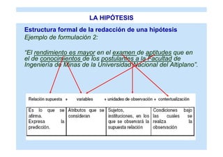 LA HIPÓTESIS
Estructura formal de la redacción de una hipótesis
Ejemplo de formulación 2:

“El rendimiento es mayor en el examen de aptitudes que en
el de conocimientos de los postulantes a la Facultad de
Ingeniería de Minas de la Universidad Nacional del Altiplano”.
 