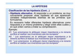 LA HIPÓTESIS
Clasificación de las hipótesis (Cont…)
- Hipótesis alternativa. Al responder a un problema, es muy
  conveniente proponer otras hipótesis en que aparezcan
  variables independientes distintas de las primeras que
  formulamos.
  Es necesario hallar diferentes hipótesis alternativas como
  respuesta a un mismo problema y elegir entre ellas cuáles y
  en qué orden vamos a tratar su comprobación.
Ejemplo:
H1. “Los americanos le atribuyen mayor importancia a la minería
 aurífera al realizar sus inversiones que los europeos”
H2. “ Los americanos no le atribuyen mayor importancia a la
 minería aurífera al realizar sus inversiones que los europeos”
H3. “ Los americanos le atribuyen menor importancia a la minería
 aurífera al realizar sus inversiones que los europeos”
 