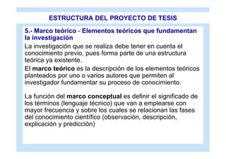 ESTRUCTURA DEL PROYECTO DE TESIS
5.- Marco teórico - Elementos teóricos que fundamentan
la investigación
La investigación que se realiza debe tener en cuenta el
conocimiento previo, pues forma parte de una estructura
teórica ya existente.
El marco teórico es la descripción de los elementos teóricos
planteados por uno o varios autores que permiten al
investigador fundamentar su proceso de conocimiento.

La función del marco conceptual es definir el significado de
los términos (lenguaje técnico) que van a emplearse con
mayor frecuencia y sobre los cuales se relacionan las fases
del conocimiento científico (observación, descripción,
explicación y predicción)
 