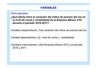 VARIABLES

Otros ejemplos:
¿Qué efecto tiene la variación del índice de precios del oro en
 el nivel de venta y rentabilidad de la Empresa Minera XYZ
 durante el periodo 2010-2011?

Variable independiente: (1)la variación del índice de precios del oro

Variable dependientes: (2) nivel de venta y rentabilidad.

Variables intervinientes: (3)la Empresa Minera XYZ y el período
 2010 y 2011.
 