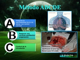 Asegurar la
permeabilidad de la vía
aérea, con control
cervical
Asegurar una
correcta ventilación/
oxigenación
Control de la
circulación
Detener la hemorragia externa.
Identificación y tratamiento del shock.
Identificación de hemorragia interna
Monitorización ECG estable.
Descartar neumotórax a tensión,
neumotórax abierto, hemotórax
masivo.
 