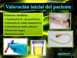 Primeras medidas:
- Canalización de vías periféricas
-Colocación de sonda nasogástrica
-Colocación de sonda urinaria
-Muestra de sangre
-Muestra de orina
 