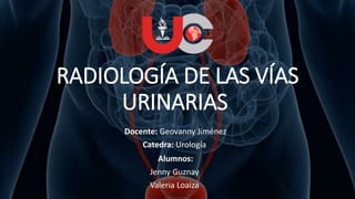 RADIOLOGÍA DE LAS VÍAS
URINARIAS
Alumnos:
Jenny Guznay
Valeria Loaiza
Docente: Geovanny Jiménez
Catedra: Urología
 