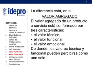 40
La diferencia está, en el:
VALOR AGREGADO
El valor agregado de un producto
o servicio está conformado por
tres características:
• el valor técnico,
• el valor funcional
• el valor emocional.
De donde, los valores técnico y
funcional pueden percibirse como
uno solo.
CONTENIDO:
1. Ventas, su
definición
2. Servicio al
cliente, su definición
3. El vendedor, su
definición
4. Ventas de
Impacto, como
lograrlas
5. El arte de escuchar
6. La Percepción
7. Valor Funcional
8. Valor Emocional
9. La importancia de
estos Valores
10. El Comportamiento
11. Conclusiones
 