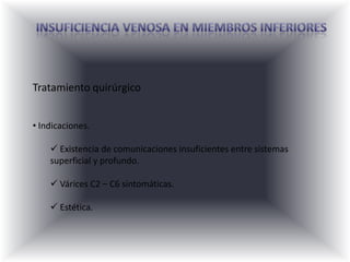 INSUFICIENCIA VENOSA EN MIEMBROS INFERIORESDefinición y Clasificación Clasificación CEAP: Signos clínicos (C);  A “asintomática”, S “sintomática”.	Clase 0: sin signos visibles o palpables de enfermedad venosa.	Clase 1: telangiectasias o venas reticulares.	Clase 2: venas varicosas.	Clase 3: edema sin alteraciones cutáneas.	Clase 4: alteraciones cutáneas (pigmentación, eczema, lipodermatoesclerosis).	Clase 5: alteraciones cutáneas + úlcera cicatrizada.	Clase 6: alteraciones cutáneas + úlcera activa.