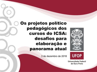3 de dezembro de 2018
Os projetos político
pedagógicos dos
cursos do ICSA:
desafios para
elaboração e
panorama atual
 