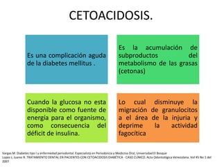CETOACIDOSIS.
Vargas M. Diabetes tipo I y enfermedad periodontal. Especialista en Periodoncia y Medicina Oral, Universidad El Bosque
Lopez J, Juarez R. TRATAMIENTO DENTAL EN PACIENTES CON CETOACIDOSIS DIABÉTICA - CASO CLÍNICO. Acta Odontológica Venezolana. Vol 45 No 1 del
2007
Es una complicación aguda
de la diabetes mellitus .
Es la acumulación de
subproductos del
metabolismo de las grasas
(cetonas)
Cuando la glucosa no esta
disponible como fuente de
energía para el organismo,
como consecuencia del
déficit de insulina.
Lo cual disminuye la
migración de granulocitos
a el área de la injuria y
deprime la actividad
fagocítica
 