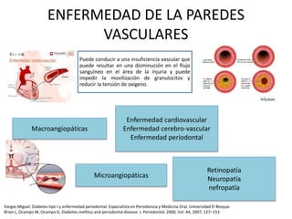 ENFERMEDAD DE LA PAREDES
VASCULARES
Puede conducir a una insuficiencia vascular que
puede resultar en una disminución en el flujo
sanguíneo en el área de la injuria y puede
impedir la movilización de granulocitos y
reducir la tensión de oxígeno.
Vargas Miguel. Diabetes tipo I y enfermedad periodontal. Especialista en Periodoncia y Medicina Oral, Universidad El Bosque.
Brian L, Ocampo M, Ocampo G. Diabetes mellitus and periodontal disease. J. Periodontol. 2000, Vol. 44, 2007, 127–153
Microangiopáticas
Macroangiopáticas
Enfermedad cardiovascular
Enfermedad cerebro-vascular
Enfermedad periodontal
Retinopatía
Neuropatía
nefropatía
 