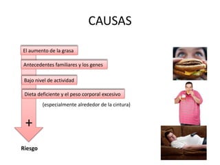 CAUSAS
Riesgo
El aumento de la grasa
Antecedentes familiares y los genes
Bajo nivel de actividad
Dieta deficiente y el peso corporal excesivo
(especialmente alrededor de la cintura)
+
 