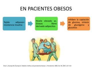 EN PACIENTES OBESOS
Tejido adiposo=
resistencia insulina
Nivele elevado ac.
Grasos libres
derivado adipocitos
Inhiben la captación
de glucosa, síntesis
de glucógeno y
glucolisis
Brian L, Ocampo M, Ocampo G. Diabetes mellitus and periodontal disease. J. Periodontol. 2000, Vol. 44, 2007, 127–153
 