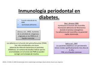 Inmunología periodontal en
diabetes.• Función reducida de los
PMN.
• Quimiotaxis deficiente.
(Sorsa y col., 1992). Aumento
de la actividad de colagenasa
originada en los PMN en el
líquido crevicular
Bay I, Ainamo 1984.
•Lentitud en la función del neutrófilo.
•Formación deficiente de fibronectina
durante el proceso osteogénico.
•La adherencia del neutrófilo a la pared del
capilar disminuida.
Los defectos en la función del polimorfonuclear (PMN)
han sido considerados una causa
potencial de infección bacteriana en pacientes
diabéticos. Un número de estudios indican que las
anormalidades en la función del PMN se pueden
corregir con la terapia de insulina.
Salvi y coI., 1997
Los pacientes diabéticos con periodontitis
tienen niveles significativamente más altos de
IL-18 y
PGE, en el líquido crevicular
LINDHE, J. & LANG, N. (2009) Periodontologia clínica e implantologia odontológica (Quinta edición). Buenos aires, Argentina.
 