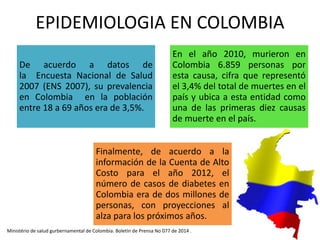 EPIDEMIOLOGIA EN COLOMBIA
De acuerdo a datos de
la Encuesta Nacional de Salud
2007 (ENS 2007), su prevalencia
en Colombia en la población
entre 18 a 69 años era de 3,5%.
En el año 2010, murieron en
Colombia 6.859 personas por
esta causa, cifra que representó
el 3,4% del total de muertes en el
país y ubica a esta entidad como
una de las primeras diez causas
de muerte en el país.
Finalmente, de acuerdo a la
información de la Cuenta de Alto
Costo para el año 2012, el
número de casos de diabetes en
Colombia era de dos millones de
personas, con proyecciones al
alza para los próximos años.
Ministério de salud gurbernamental de Colombia. Boletín de Prensa No 077 de 2014 .
 