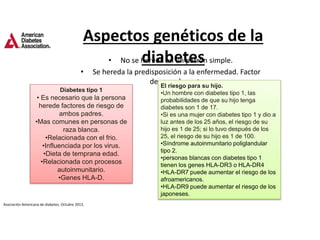 Aspectos genéticos de la
diabetes• No se hereda en un patrón simple.
• Se hereda la predisposición a la enfermedad. Factor
desencadenante
Diabetes tipo 1
• Es necesario que la persona
herede factores de riesgo de
ambos padres.
•Mas comunes en personas de
raza blanca.
•Relacionada con el frio.
•Influenciada por los virus.
•Dieta de temprana edad.
•Relacionada con procesos
autoinmunitario.
•Genes HLA-D.
El riesgo para su hijo.
•Un hombre con diabetes tipo 1, las
probabilidades de que su hijo tenga
diabetes son 1 de 17.
•Si es una mujer con diabetes tipo 1 y dio a
luz antes de los 25 años, el riesgo de su
hijo es 1 de 25; si lo tuvo después de los
25, el riesgo de su hijo es 1 de 100.
•Síndrome autoinmunitario poliglandular
tipo 2.
•personas blancas con diabetes tipo 1
tienen los genes HLA-DR3 o HLA-DR4
•HLA-DR7 puede aumentar el riesgo de los
afroamericanos.
•HLA-DR9 puede aumentar el riesgo de los
japoneses.
Asociación Americana de diabetes. Octubre 2013.
 