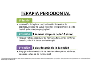 TERAPIA PERIODONTAL
1a Sesión:
• Instrucción de higiene oral, indicación de técnica de
cepillado, con cepillo suave y cepillos interproximales o seda
dental, y detartraje supragingival.
1 semana después de la 1ª sesión2ª sesión
• Raspaje y alisado radicular de hemiarcada superior e inferior
derecha, e indicación de antibioterapia
2 días después de la 2a sesión3ª sesión
• Raspaje y alisado radicular de hemiarcada superior e inferior
izquierda; refuerzo de higiene oral.
Pavez V, Araya A, Baksai N. Impact of the periodontal therapy in both clinical and metabolic parameters in type 2 diabetic and prediabetic obese patients with severe periodontitis. Clin. Periodoncia Implantol.
Rehabil. Oral. 2011; 4(2); 50-53.
 
