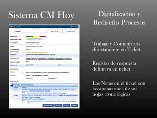 Sistema CM Hoy    Digitalización y
                 Rediseño Procesos


                 Trabajo y Comentarios
                 directamente en Ticket

                 Registro de respuesta
                 definitiva en ticket

                 Las Notas en el ticket son
                 las anotaciones de sus
                 hojas cronológicas
 