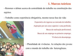 1. Marcos teóricos   - Retomar o debate acerca da centralidade do trabalho na constituição dos sujeitos. Expectativa de ingresso ao mercado de trabalho; Aspiração por um curso superior e uma profissão; Busca de realização profissional; Busca de um emprego ou primeiro emprego; Vivência do desemprego. Pluralidade de vivências. As relações dos jovens com o mundo do trabalho são  heterogêneas.  - Trabalho como experiência obrigatória, mesmo nessa fase da vida: 