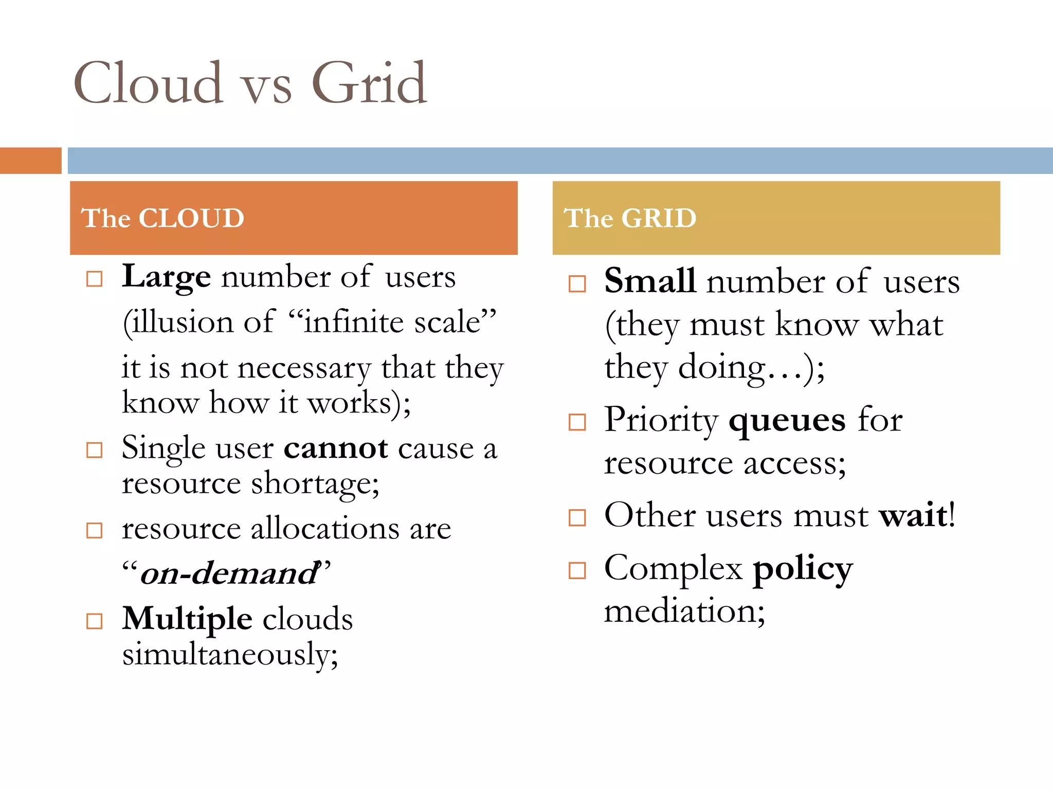 Cloud vs Grid
 Small number of users
(they must know what
they doing…);
 Priority queues for
resource access;
 Other users must wait!
 Complex policy
mediation;
 Large number of users
(illusion of “infinite scale”
it is not necessary that they
know how it works);
 Single user cannot cause a
resource shortage;
 resource allocations are
“on-demand”
 Multiple clouds
simultaneously;
The CLOUD The GRID
 
