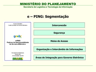 MINISTÉRIO DO PLANEJAMENTO
 Secretaria de Logística e Tecnologia da Informação




    e – PING: Segmentação

                              Interconexão


                               Segurança


                            Meios de Acesso


              Organização e Intercâmbio de Informações


             Áreas de Integração para Governo Eletrônico
 