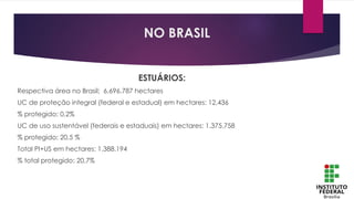 ESTUÁRIOS:
Respectiva área no Brasil: 6.696.787 hectares
UC de proteção integral (federal e estadual) em hectares: 12.436
% protegido: 0,2%
UC de uso sustentável (federais e estaduais) em hectares: 1.375.758
% protegido: 20,5 %
Total PI+US em hectares: 1.388.194
% total protegido: 20,7%
NO BRASIL
 