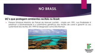 UC’s que protegem ambientes recifais no Brasil:
► Parque Estadual Marinho do Parcel do Manuel Luis/MA - criado em 1991, sua finalidade é
preservar a biodiversidade e o patrimônio genéticos dos recifes de coral e garantir os uso
sustentável dos recifes. Em 1999 foi designado como Sítio Ramsar.
NO BRASIL
 