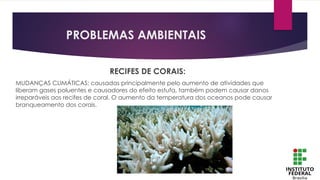 PROBLEMAS AMBIENTAIS
RECIFES DE CORAIS:
MUDANÇAS CLIMÁTICAS: causadas principalmente pelo aumento de atividades que
liberam gases poluentes e causadores do efeito estufa, também podem causar danos
irreparáveis aos recifes de coral. O aumento da temperatura dos oceanos pode causar
branqueamento dos corais.
 