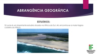ABRANGÊNCIA GEOGRÁFICA
ESTUÁRIOS:
St Lucia é um importante estuário situado na África do Sul. Ali, encontra-se a maior lagoa
costeira da África.
 