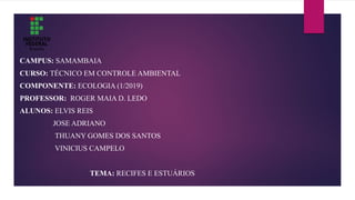 CAMPUS: SAMAMBAIA
CURSO: TÉCNICO EM CONTROLE AMBIENTAL
COMPONENTE: ECOLOGIA (1/2019)
PROFESSOR: ROGER MAIA D. LEDO
ALUNOS: ELVIS REIS
JOSE ADRIANO
THUANY GOMES DOS SANTOS
VINICIUS CAMPELO
TEMA: RECIFES E ESTUÁRIOS
 