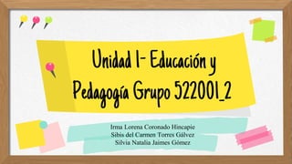 Unidad1-Educacióny
Pedagogía Grupo522001_2
Irma Lorena Coronado Hincapie
Sibis del Carmen Torres Gálvez
Silvia Natalia Jaimes Gómez
 