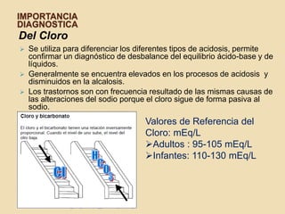 IMPORTANCIA
DIAGNOSTICA
Del Cloro
   Se utiliza para diferenciar los diferentes tipos de acidosis, permite
    confirmar un diagnóstico de desbalance del equilibrio ácido-base y de
    líquidos.
   Generalmente se encuentra elevados en los procesos de acidosis y
    disminuidos en la alcalosis.
   Los trastornos son con frecuencia resultado de las mismas causas de
    las alteraciones del sodio porque el cloro sigue de forma pasiva al
    sodio.
                                    Valores de Referencia del
                                    Cloro: mEq/L
                                    Adultos : 95-105 mEq/L
                                    Infantes: 110-130 mEq/L
 
