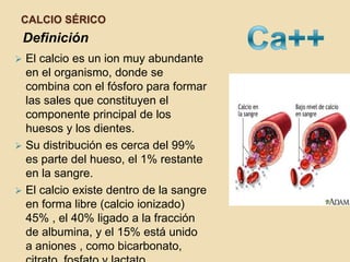 CALCIO SÉRICO
    Definición
 El calcio es un ion muy abundante
  en el organismo, donde se
  combina con el fósforo para formar
  las sales que constituyen el
  componente principal de los
  huesos y los dientes.
 Su distribución es cerca del 99%
  es parte del hueso, el 1% restante
  en la sangre.
 El calcio existe dentro de la sangre
  en forma libre (calcio ionizado)
  45% , el 40% ligado a la fracción
  de albumina, y el 15% está unido
  a aniones , como bicarbonato,
 