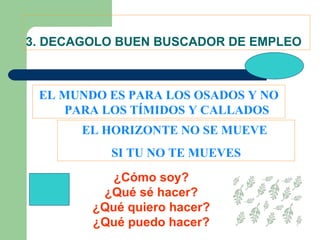 3. DECAGOLO BUEN BUSCADOR DE EMPLEO EL MUNDO ES PARA LOS OSADOS Y NO PARA LOS TÍMIDOS Y CALLADOS EL HORIZONTE NO SE MUEVE  SI TU NO TE MUEVES ¿Cómo soy? ¿Qué sé hacer? ¿Qué quiero hacer? ¿Qué puedo hacer? 