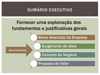 SUMÁRIO EXECUTIVO
Fornecer uma explanação dos
fundamentos e justificativas gerais
Breve descrição da Empresa
Surgimento da ideia
Conceito do Negócio
Proposta de Valor
Recomendações
LR
 